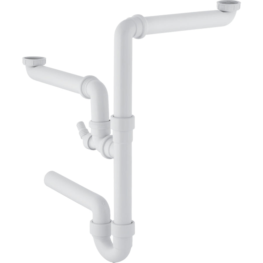 Kaydırılmış iki evye için Geberit dirsek koku sifonu, açılı hortum başlığı ile, yatay çıkış: d=50mm, G=1 1/2″, alp beyazı