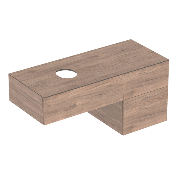 Geberit VariForm çanak lavabo dolabı, üç çekmeceli, etajerli ve sifonlu: 120x55x51cm, Amerikan cevizi