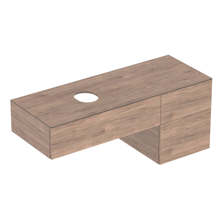 Geberit VariForm çanak lavabo dolabı, üç çekmeceli, etajerli ve sifonlu: 135x55x51cm, Amerikan cevizi