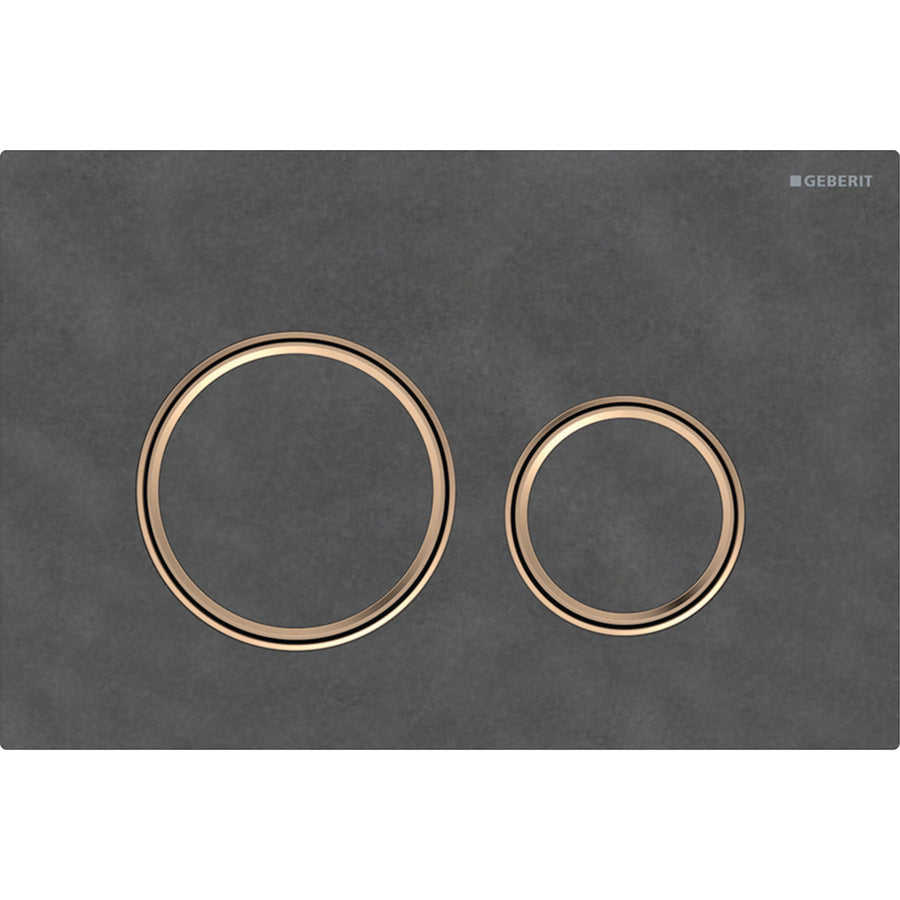 2 kademeli deşarj için Geberit Sigma50 yuvarlak kumanda kapağı, bronz metal rengi: Montaj plakası: bronz rengi / Fırçalanmış, temizliği kolay kaplama, Kapak, Tuş: Mustang Arduvaz, Tasarım halkası: bronz rengi