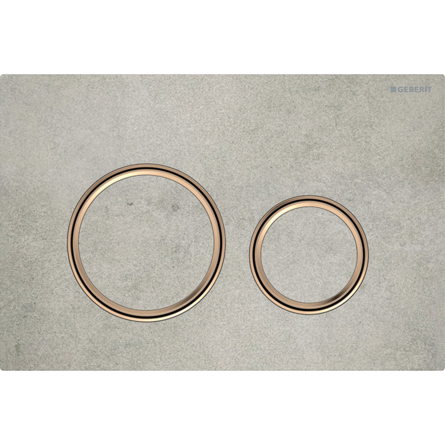 2 kademeli deşarj için Geberit Sigma50 yuvarlak kumanda kapağı, bronz metal rengi: Montaj plakası: bronz rengi / Fırçalanmış, temizliği kolay kaplama, Kapak, Tuş: beton görünümü, Tasarım halkası: bronz rengi