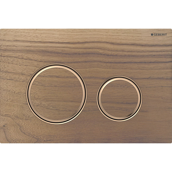 2 kademeli deşarj için Geberit Sigma50 yuvarlak kumanda kapağı, bronz metal rengi: Montaj plakası: bronz rengi / Fırçalanmış, temizliği kolay kaplama, Kapak, Tuş: Amerikan cevizi, Tasarım halkası: bronz rengi