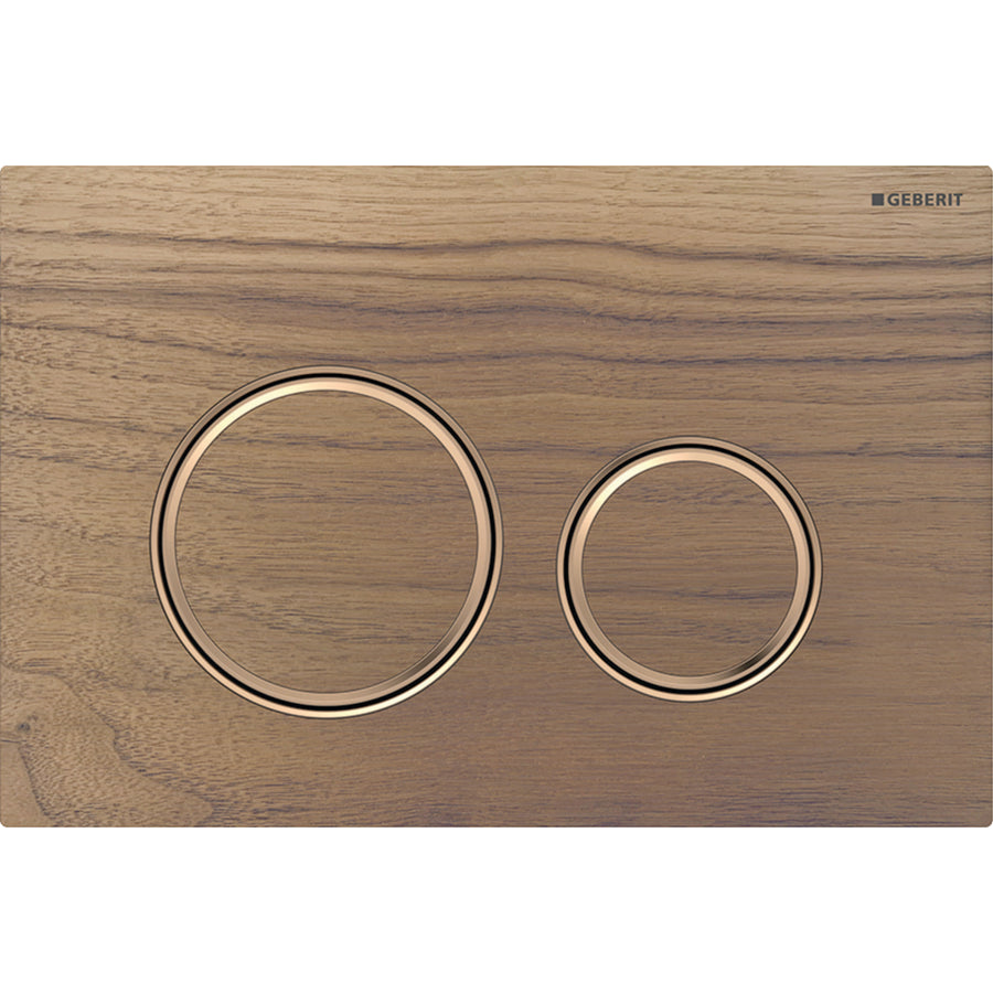 2 kademeli deşarj için Geberit Sigma50 yuvarlak kumanda kapağı, bronz metal rengi: Montaj plakası: bronz rengi / Fırçalanmış, temizliği kolay kaplama, Kapak, Tuş: Amerikan cevizi, Tasarım halkası: bronz rengi