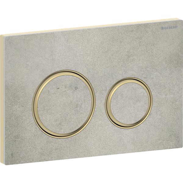 2 kademeli deşarj için Geberit Sigma50 yuvarlak kumanda kapağı, pirinç metal rengi: Montaj plakası: Pirinç / Fırçalanmış, temizliği kolay kaplama, Kapak, Tuş: beton görünümü, Tasarım halkası: Pirinç
