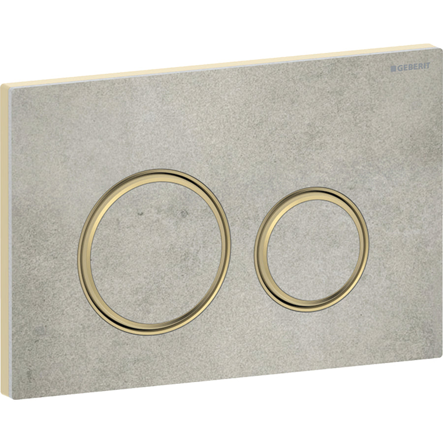 2 kademeli deşarj için Geberit Sigma50 yuvarlak kumanda kapağı, pirinç metal rengi: Montaj plakası: Pirinç / Fırçalanmış, temizliği kolay kaplama, Kapak, Tuş: beton görünümü, Tasarım halkası: Pirinç