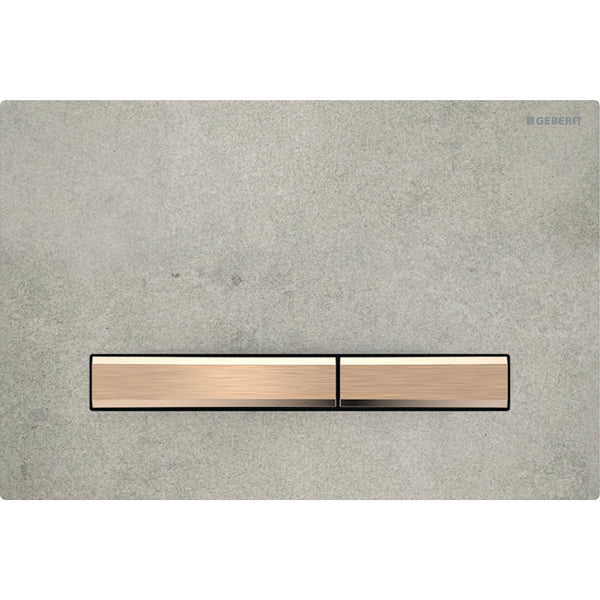 2 kademeli deşarj için Geberit Sigma50 kare kumanda kapağı, bronz metal rengi: Montaj plakası, Tuş: bronz rengi / Fırçalanmış, temizliği kolay kaplama, Kapak: beton görünümü