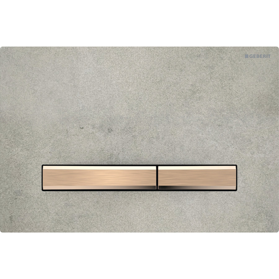 2 kademeli deşarj için Geberit Sigma50 kare kumanda kapağı, bronz metal rengi: Montaj plakası, Tuş: bronz rengi / Fırçalanmış, temizliği kolay kaplama, Kapak: beton görünümü