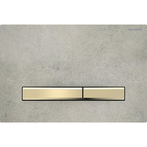 2 kademeli deşarj için Geberit Sigma50 kare kumanda kapağı, pirinç metal rengi: Montaj plakası, Tuş: Pirinç / Fırçalanmış, temizliği kolay kaplama, Kapak: beton görünümü