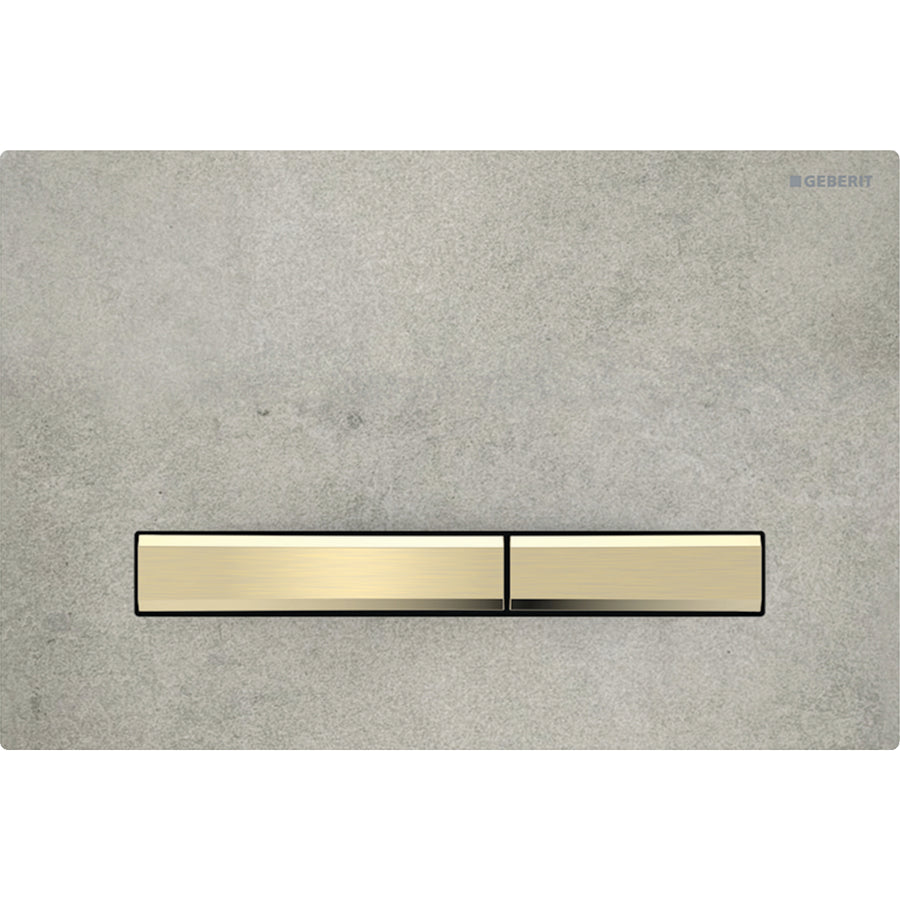 2 kademeli deşarj için Geberit Sigma50 kare kumanda kapağı, pirinç metal rengi: Montaj plakası, Tuş: Pirinç / Fırçalanmış, temizliği kolay kaplama, Kapak: beton görünümü