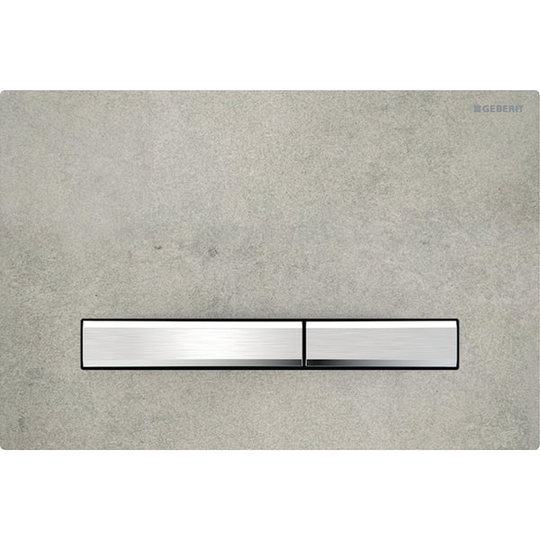 2 kademeli deşarj için Geberit Sigma50 kare kumanda kapağı, krom metal rengi: Montaj plakası: krom / Parlak, Kapak: beton görünümü, Tuş: krom / Fırçalanmış, temizliği kolay kaplama