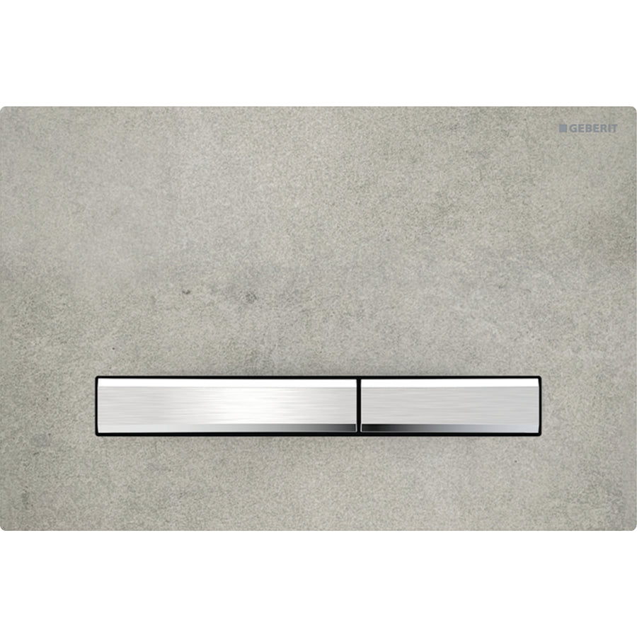 2 kademeli deşarj için Geberit Sigma50 kare kumanda kapağı, krom metal rengi: Montaj plakası: krom / Parlak, Kapak: beton görünümü, Tuş: krom / Fırçalanmış, temizliği kolay kaplama
