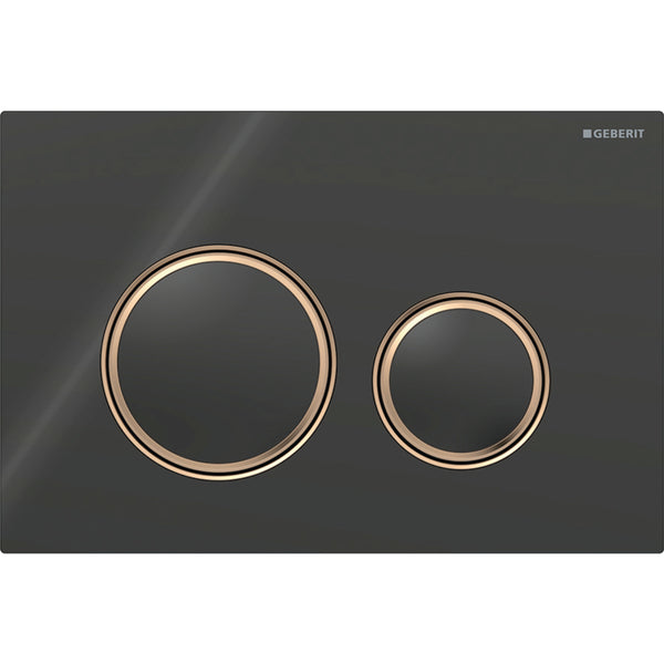 2 kademeli deşarj için Geberit Sigma50 yuvarlak kumanda kapağı, bronz metal rengi: Montaj plakası: bronz rengi / Fırçalanmış, temizliği kolay kaplama, Kapak, Tuş: siyah / Parlak cam, Tasarım halkası: bronz rengi