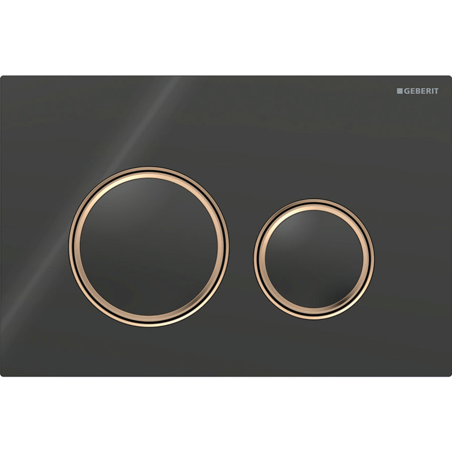 2 kademeli deşarj için Geberit Sigma50 yuvarlak kumanda kapağı, bronz metal rengi: Montaj plakası: bronz rengi / Fırçalanmış, temizliği kolay kaplama, Kapak, Tuş: siyah / Parlak cam, Tasarım halkası: bronz rengi
