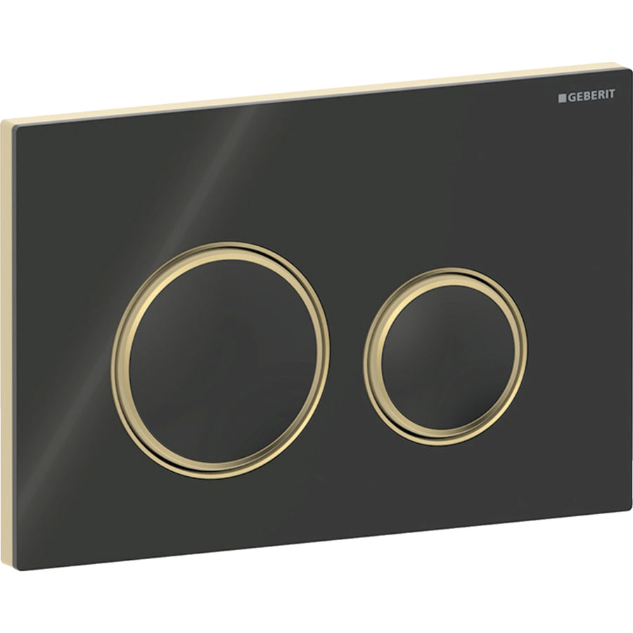 2 kademeli deşarj için Geberit Sigma50 yuvarlak kumanda kapağı, pirinç metal rengi: Montaj plakası: Pirinç / Fırçalanmış, temizliği kolay kaplama, Kapak, Tuş: siyah / Parlak cam, Tasarım halkası: Pirinç