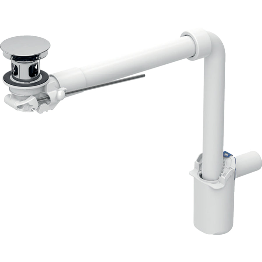 Geberit yer tasarruflu model lavabo gideri, dar model, kol kumandalı ve dış valf tapalı: d=32mm, G=1 1/4″, krom / Parlak