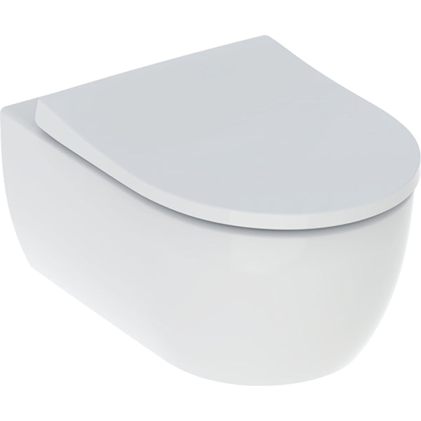 Geberit iCon taharet fonksiyonlu alçak tip asma klozet seti, kapalı form, Rimfree, klozet kapaklı: T=53cm, İndirme otomatiği=Evet, QuickRelease-Funktion=Evet, QuickRelease menteşeler ile, Askılama=Yukarıdan, beyaz