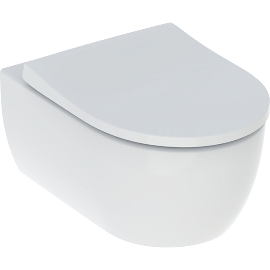 Geberit iCon taharet fonksiyonlu alçak tip asma klozet seti, kapalı form, Rimfree, klozet kapaklı: T=53cm, İndirme otomatiği=Evet, QuickRelease-Funktion=Evet, QuickRelease menteşeler ile, Askılama=Yukarıdan, beyaz