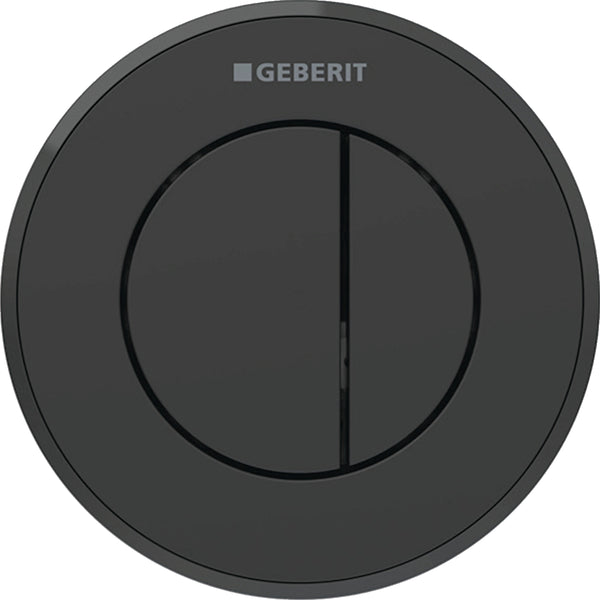 Geberit tip 10 uzaktan kumanda, yuvarlak, pnömatik, 2 kademeli deşarj, Sigma 8 cm gömme rezervuar için, gömme basma butonu: Tuş, Rozet: mat siyah / Temizliği kolay kaplamalı, Tasarım halkası: siyah / Parlak