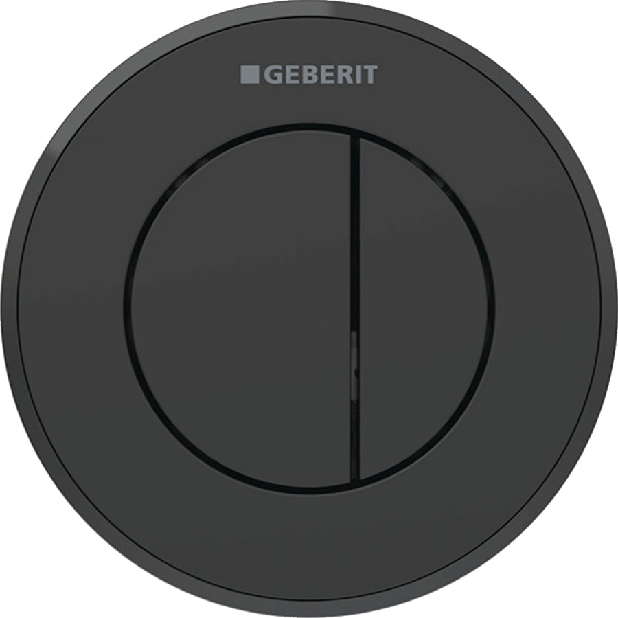 Geberit tip 10 uzaktan kumanda, yuvarlak, pnömatik, 2 kademeli deşarj, Sigma 8 cm gömme rezervuar için, gömme basma butonu: Tuş, Rozet: mat siyah / Temizliği kolay kaplamalı, Tasarım halkası: siyah / Parlak