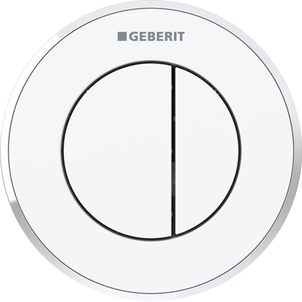 Geberit tip 10 uzaktan kumanda, yuvarlak, pnömatik, 2 kademeli deşarj, gömme basma butonu: Tuş, Rozet: alp beyazı / Parlak, Tasarım halkası: krom / Parlak