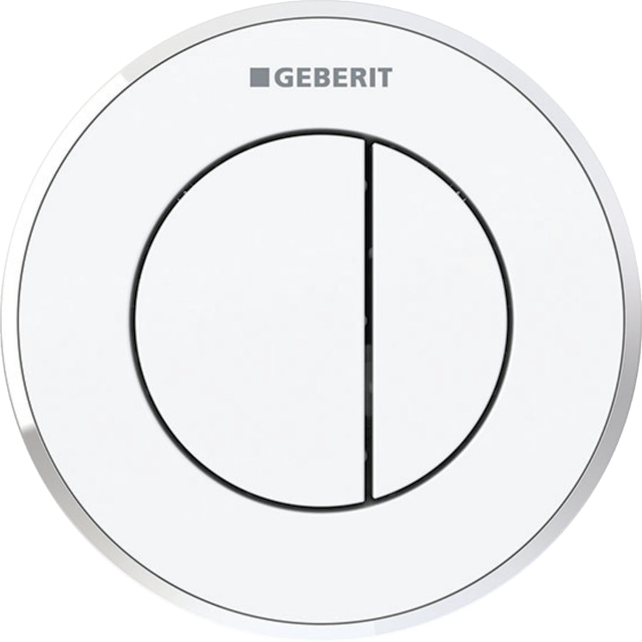 Geberit tip 10 uzaktan kumanda, yuvarlak, pnömatik, 2 kademeli deşarj, gömme basma butonu: Tuş, Rozet: alp beyazı / Parlak, Tasarım halkası: krom / Parlak