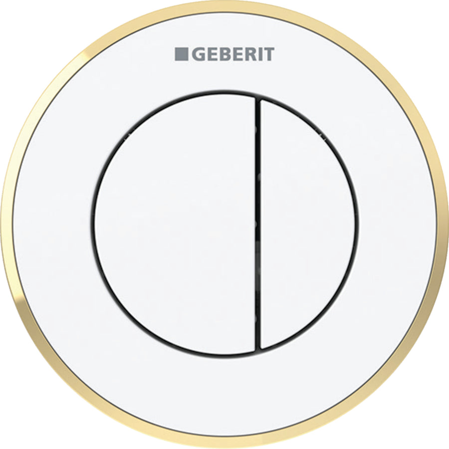 Geberit tip 10 uzaktan kumanda, yuvarlak, pnömatik, 2 kademeli deşarj, Sigma 8 cm gömme rezervuar için, gömme basma butonu: Tuş, Rozet: alp beyazı / Parlak, Tasarım halkası: altın rengi / Parlak