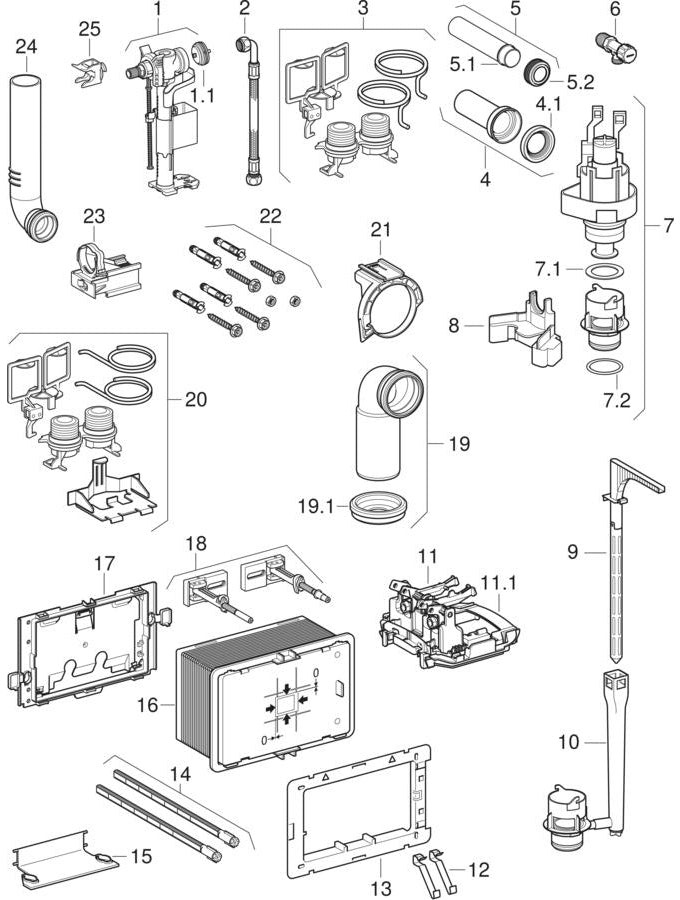Installation elements for asma klozet, with Technic GT gömme rezervuar — Geberit resmî montaj çizimi