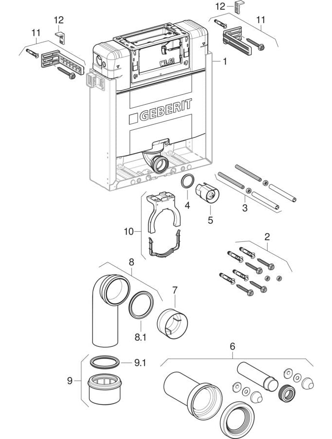 Geberit Kombifix elements for asma klozet, with Alpha gömme rezervuar 12 cm — Geberit resmî montaj çizimi