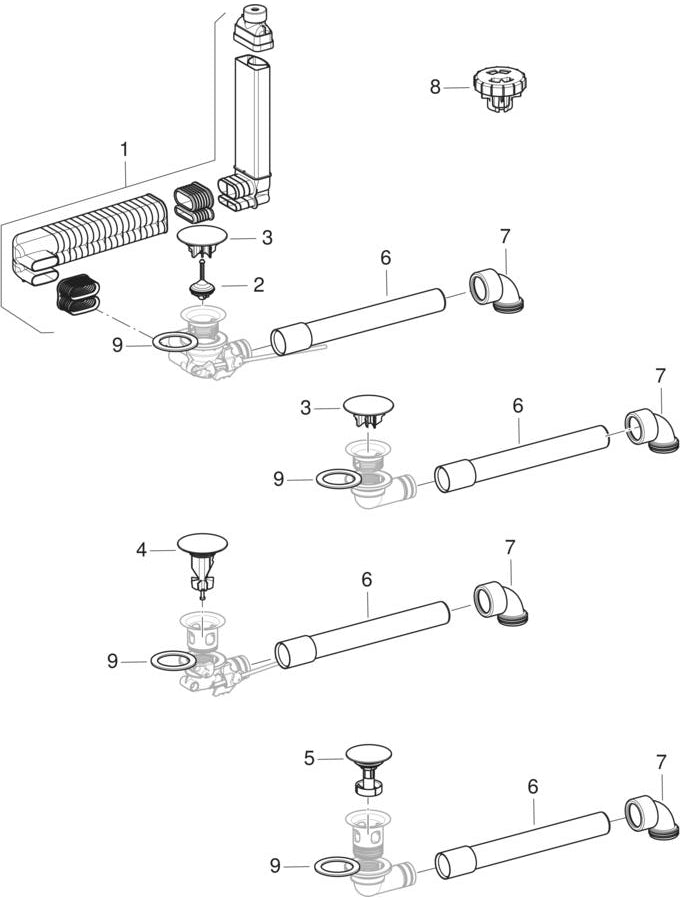 lavabo connectors, space-saving model — Geberit resmî montaj çizimi