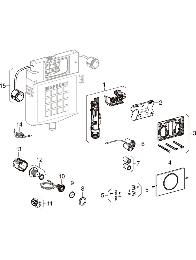 WC flush controls with electronic flush actuation, pilli, manual, for pull-down rail, for Sigma gömme rezervuar 12 cm — Geberit resmî montaj çizimi