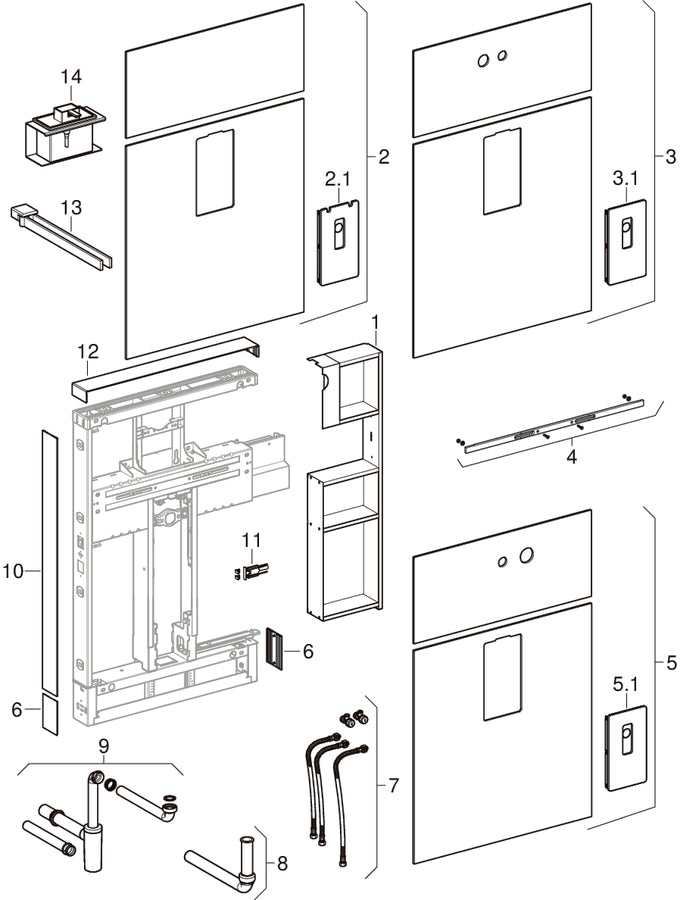 Geberit Monolith sıhhi modül — lavabo, deck-mounted tap and wall-mounted tap, 114 cm — Geberit resmî montaj çizimi