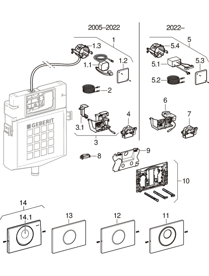 WC flush controls with electronic flush actuation, şebeke beslemeli, çift kademeli, touchless, for Sigma gömme rezervuar 12 cm — Geberit resmî montaj çizimi