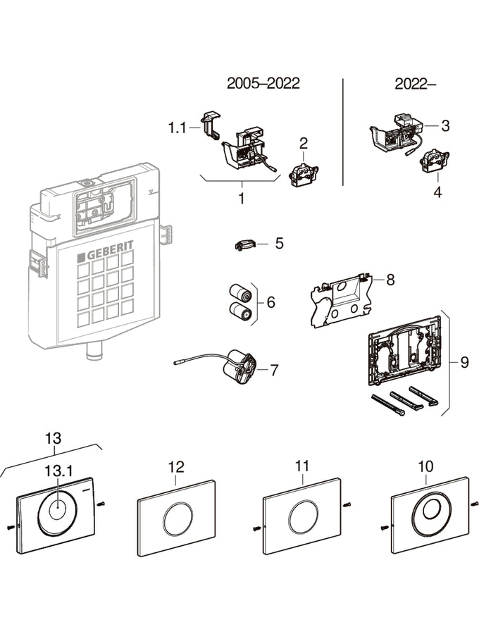 WC flush controls with electronic flush actuation, pilli, çift kademeli, touchless, for Sigma gömme rezervuar 12 cm — Geberit resmî montaj çizimi