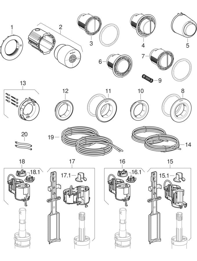 Remote flush actuations type 01 and 10, pnömatik — Geberit resmî montaj çizimi