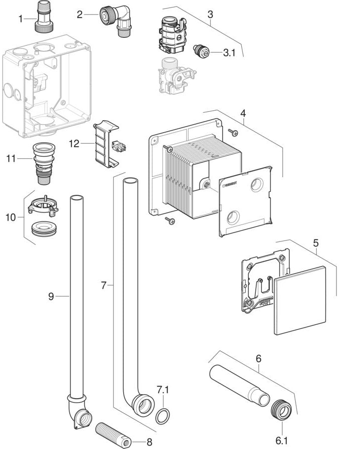 Pisuvar deşarj kontrolü montaj setleri with electronic flush actuation — Geberit resmî montaj çizimi