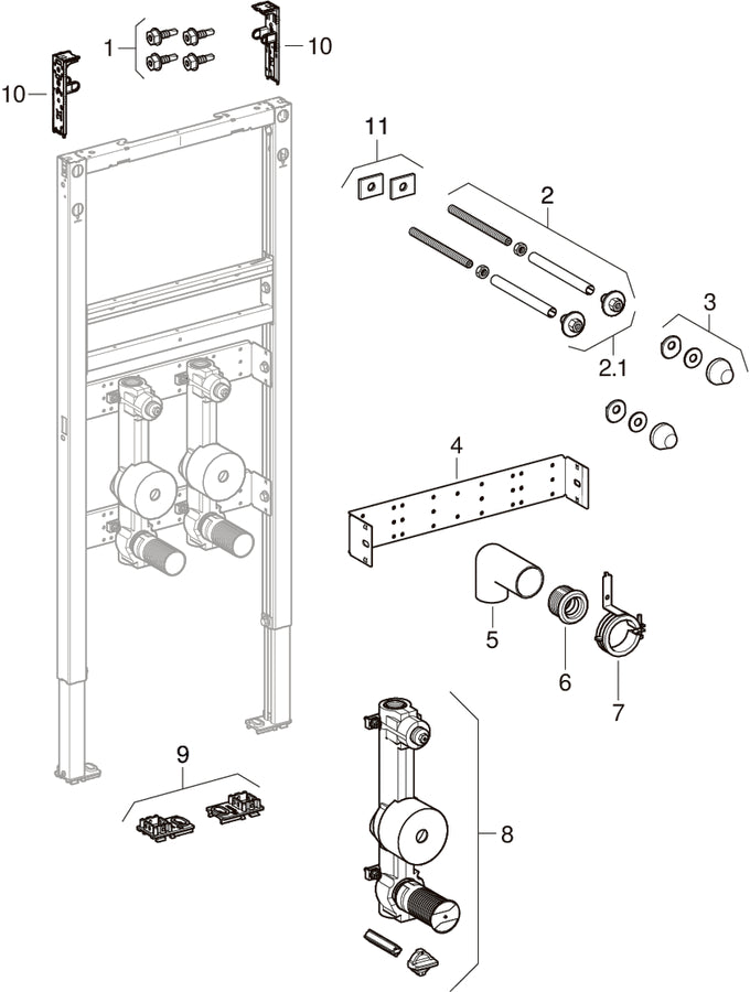 Geberit Duofix montaj elemanı — lavabo, deck-mounted tap, with water meter section — Geberit resmî montaj çizimi