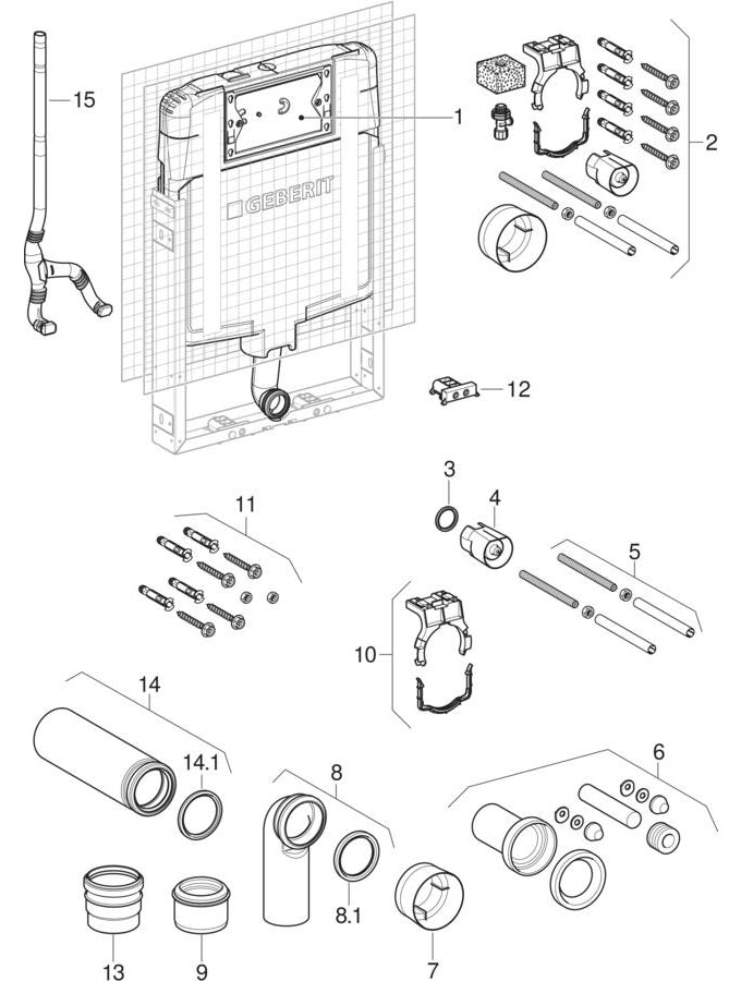 Geberit Kombifix elements for asma klozet, with Sigma gömme rezervuar 8 cm — Geberit resmî montaj çizimi