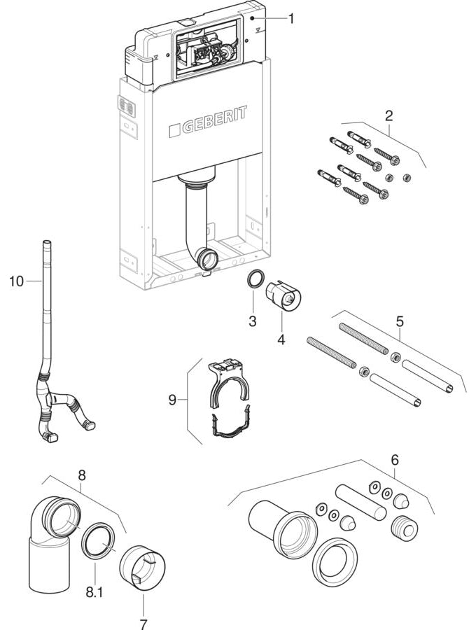 Geberit Kombifix elements for asma klozet, with Delta gömme rezervuar 12 cm (UP100) — Geberit resmî montaj çizimi